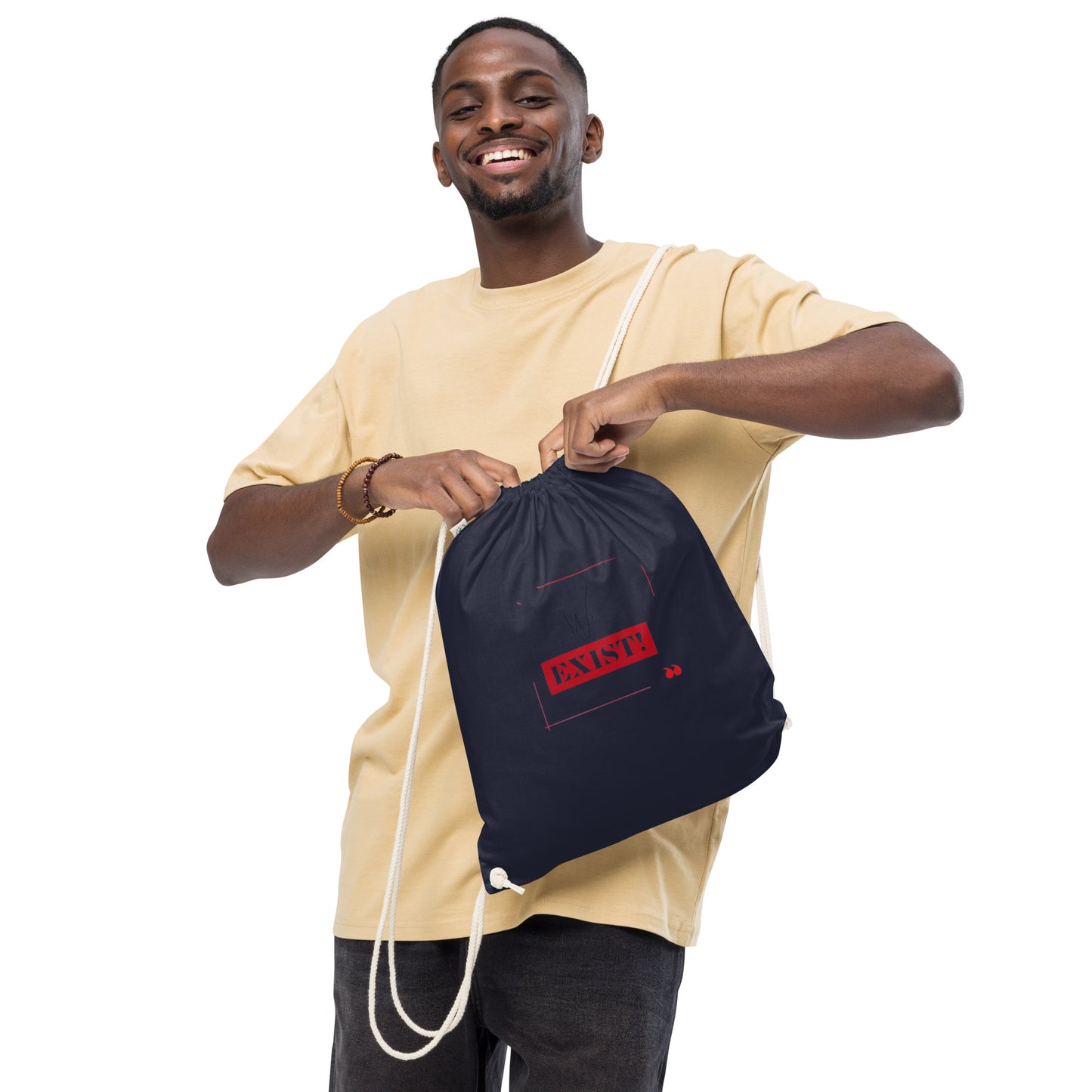 “We Exist!”Organic cotton drawstring bag